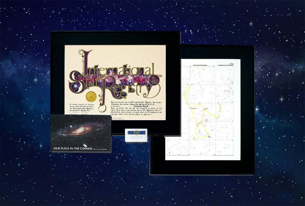 Black Ultimate Star package with the ISR's framed certificate and sky chart, also a booklet on astronomy and a wallet card