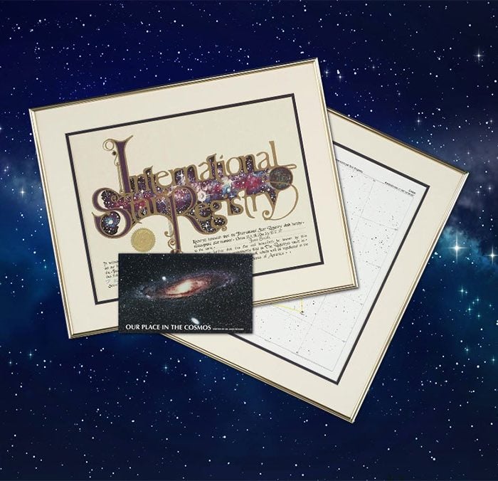 Ultimate Star package with the ISR's framed certificate and sky chart, also a booklet on astronomy and a wallet card