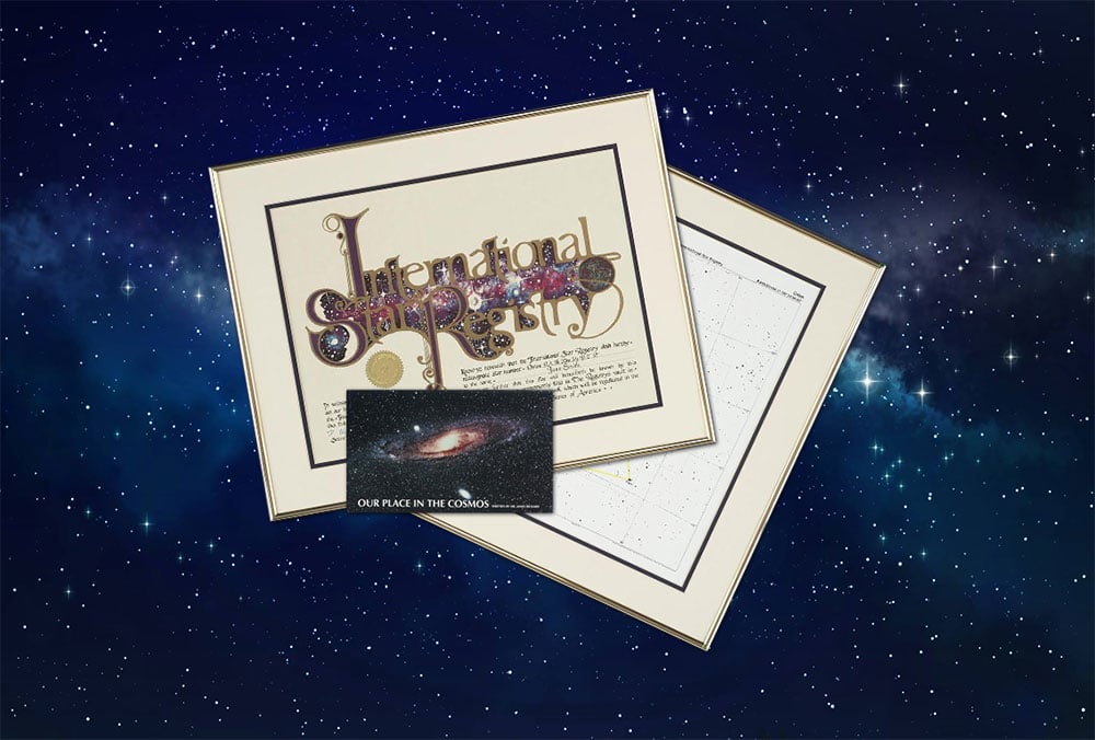 Ultimate Star package with the ISR's framed certificate and sky chart, also a booklet on astronomy and a wallet card