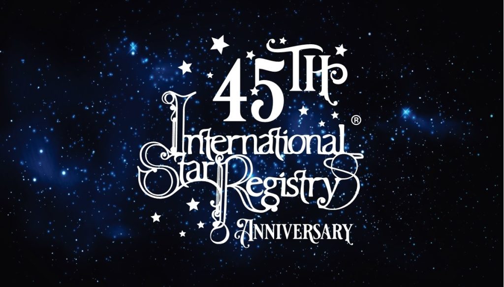 International Star registry 45th anniversary logo surrounded by stars.