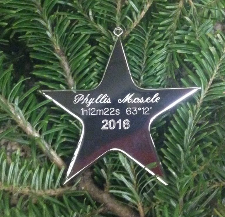 Star shaped ornament in Christmas tree has star name and coordinates