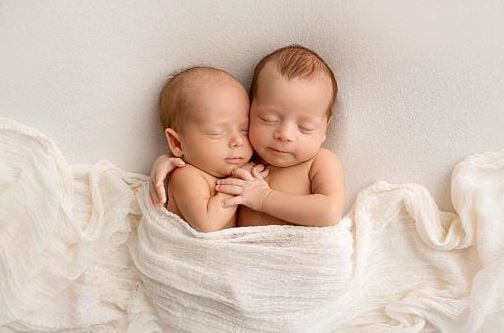 Newborn twins snuggling