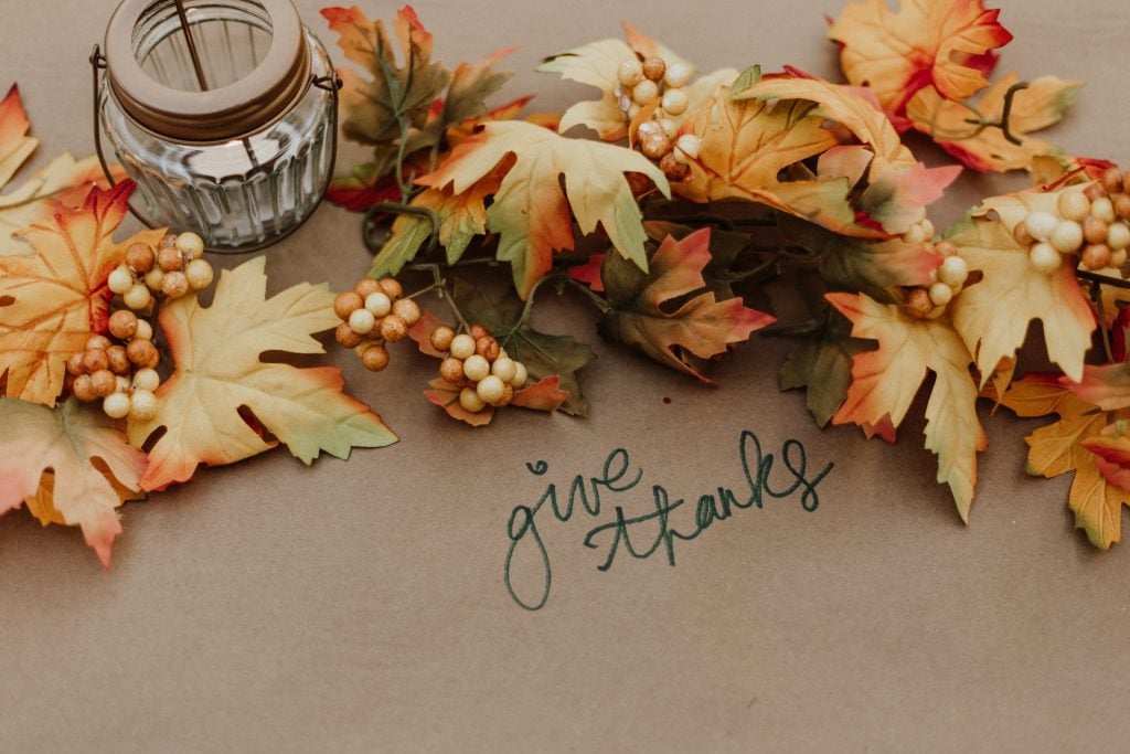 Table with fall leaves.