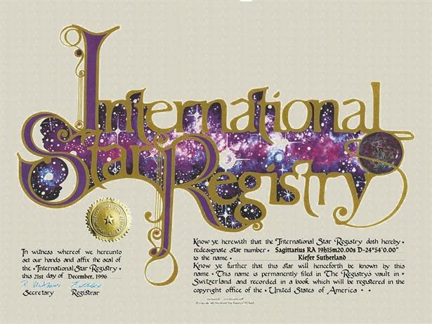 International Star Registry Certificate showing the star named for Kiefer Sutherland