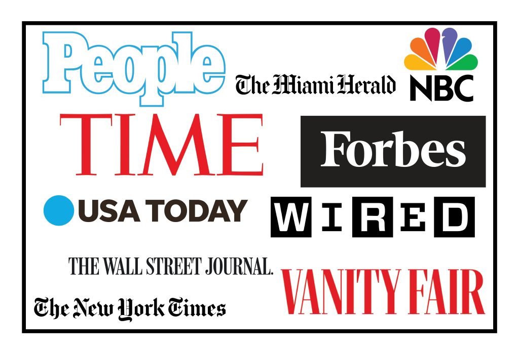 A collage of media outlets that have written stories about naming a star with International Star Registry. Logos include: People Magazine , Miami Hearld, Time magazine, NBC, Forbes, USA Today Wired, Wall Street Journal, NY Times, and Vanity Fair.