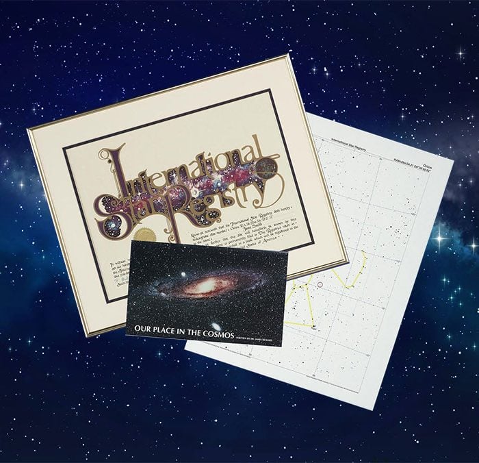 Deluxe Name a Star Gift Package. A framed International Star Registry certificate with a sky chart and booklet on astronomy,