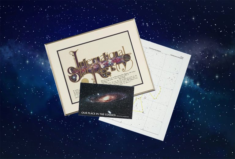 Deluxe Name a Star Gift Package. A framed International Star Registry certificate with a sky chart and booklet on astronomy,