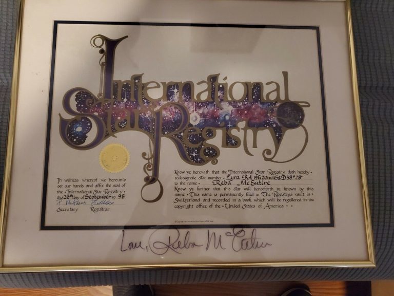 Reba McEntire autographed certificate