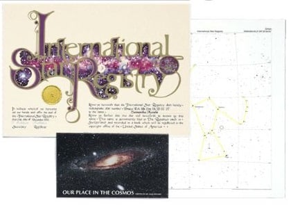The custom name a star kit includes a full color certificate, sky map showing the location of the star you named and booklet on astronomy.