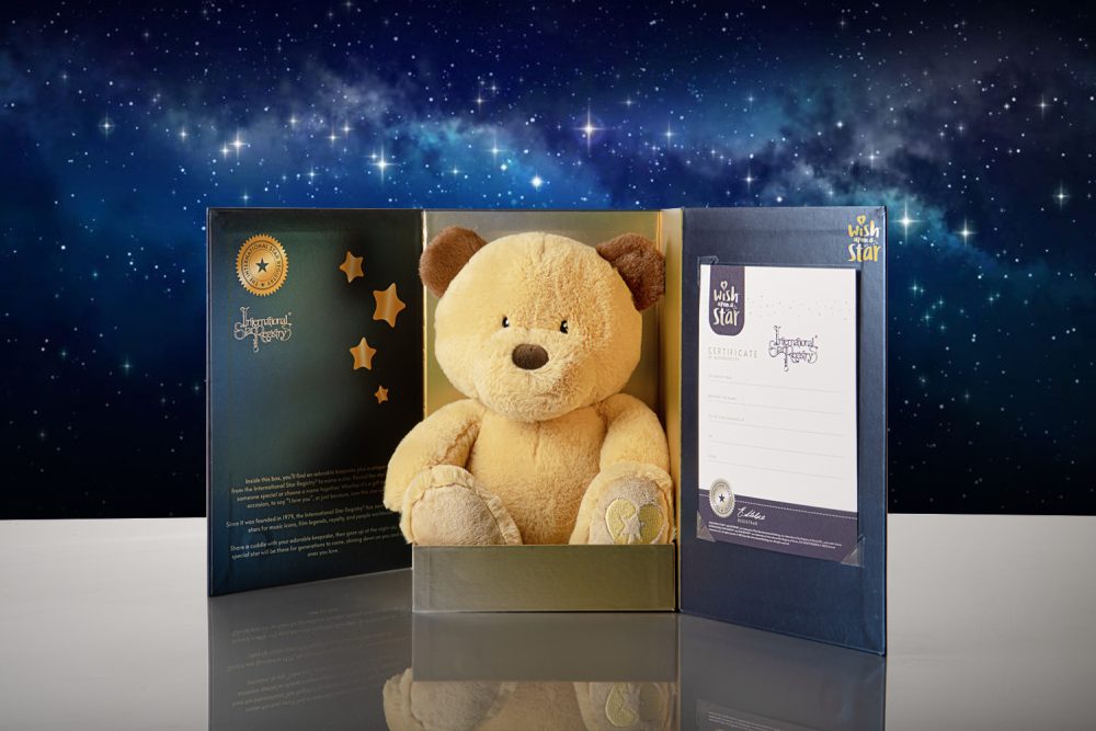 Stuffed bear in a blue star themed package