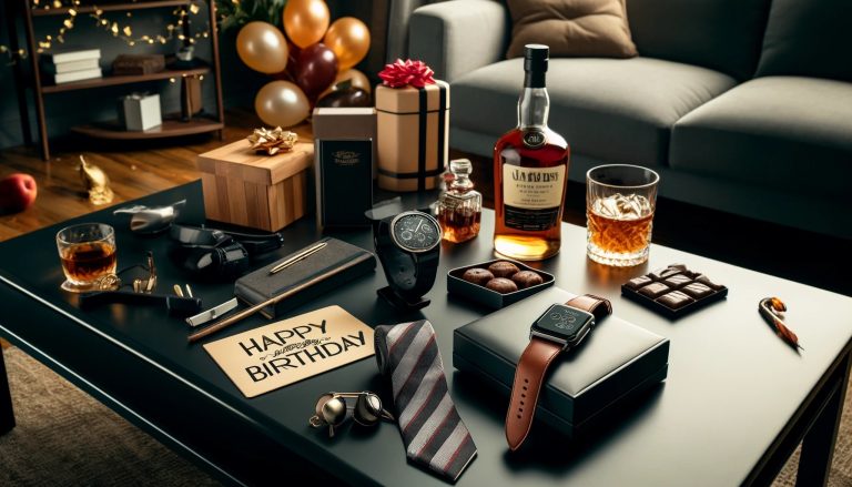 birthday card with liquor, necktie, and watch