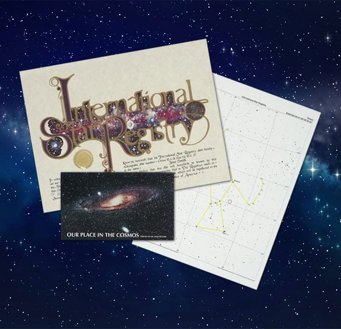 International Star Registry Custom Star Kit shows Certificate and Star Chart