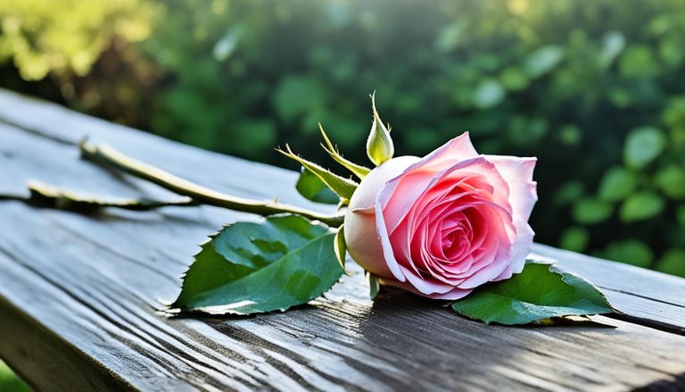 A pink rose is placed on a park bench