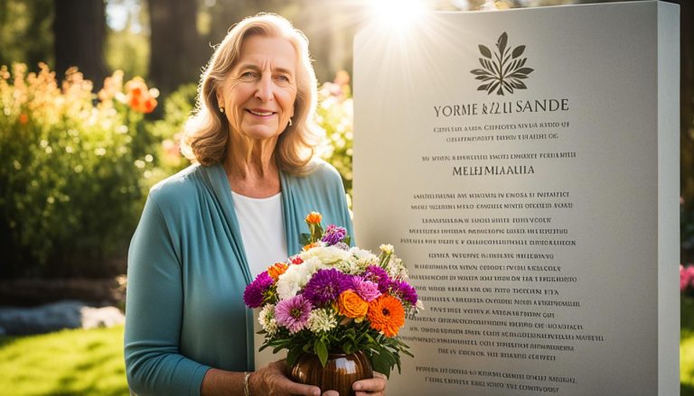A woman holds flowers in front of a memorial marker