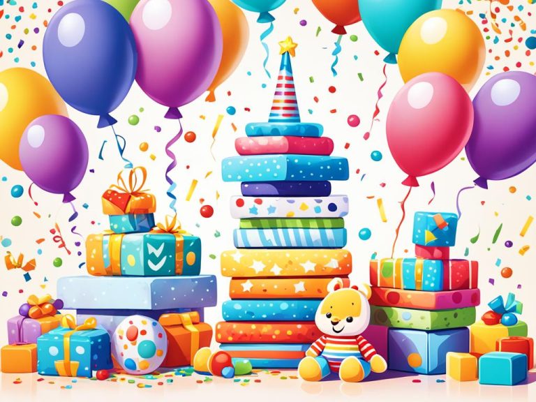 balloons and a table filled wrapped gift boxes and baby toys