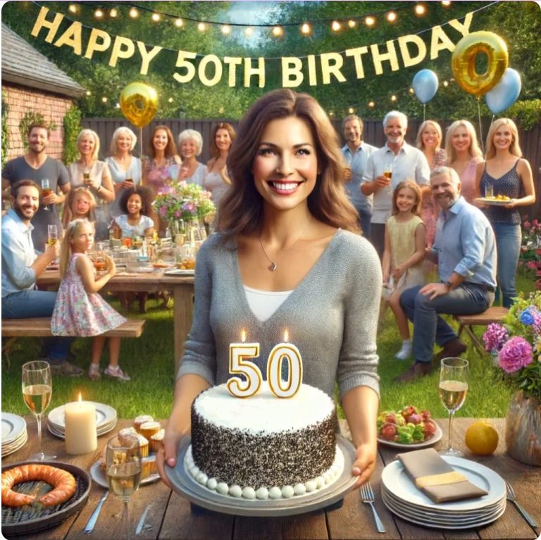 woman with family and friends at an outdoor party. She is holding a birthday cake with a 50th birthday candles.