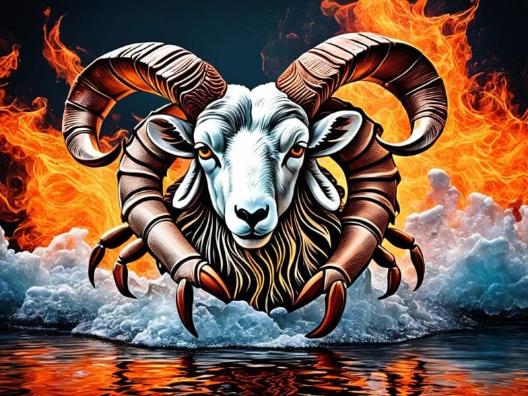 A rams head with large horns emerges from a fiery background. The head also has crab claws which extend down to the ocean floor.