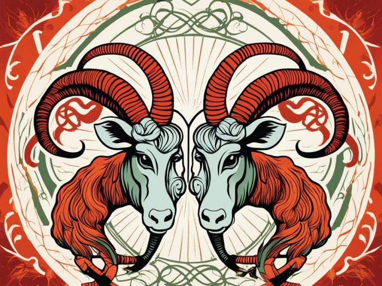 A picture of half faced rams heads with large horns. They are red and light green with a cream background.