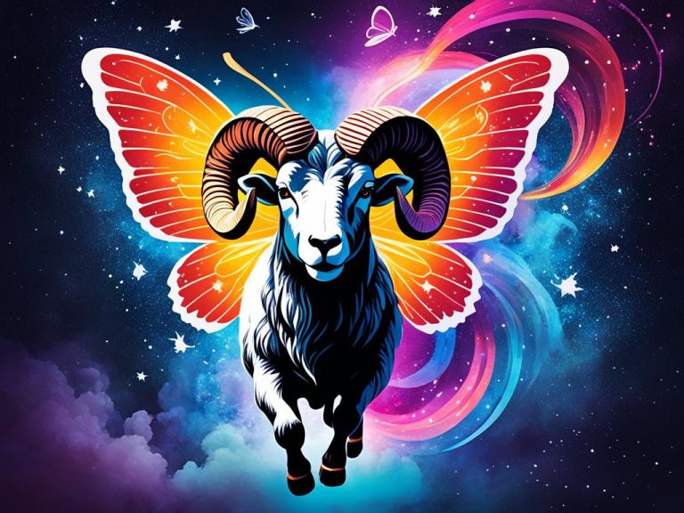 A flying long horn ram with colorful butterfly wings and rainbows. A starry night with a few clouds are in the background.