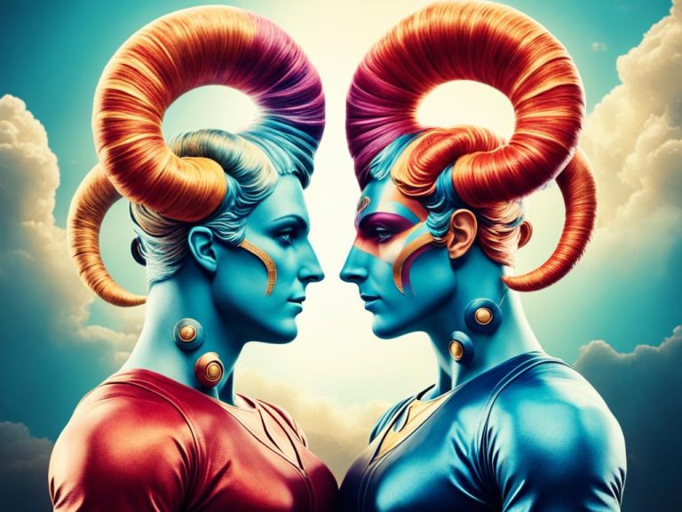Almost mirror images of 2 men with large horns made of hair and fantasy makeup.
