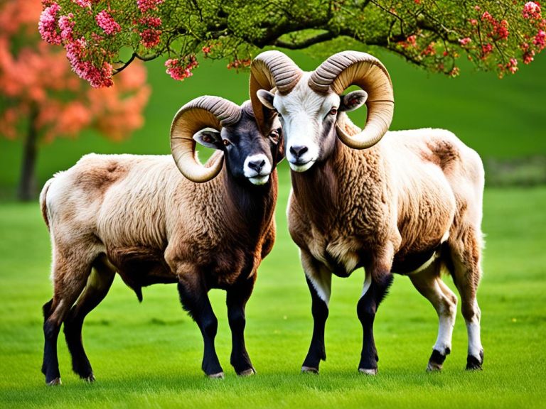 Two large big horn sheep in a grassy meadow with flowering trees.