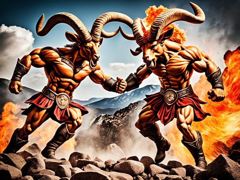 2 horned large and strong part man part animal creatures on a rock pile with flames behind them.