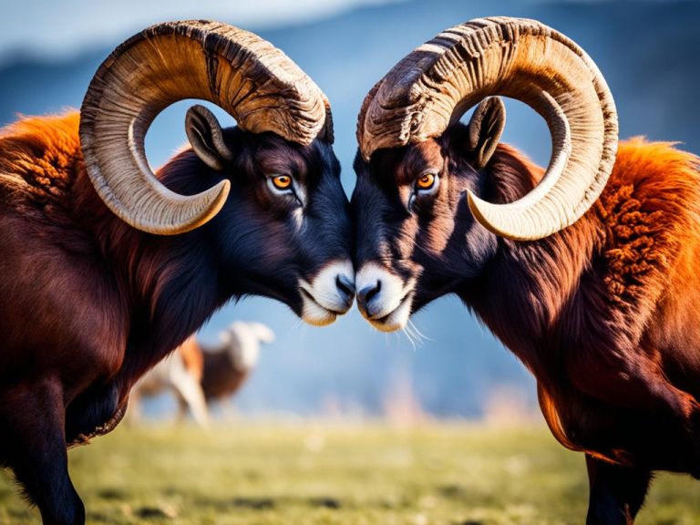 Two long horned rams touching heads, looking at each other with the sun shining in the background.