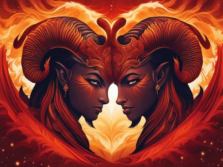 Two devilish horned heads facing each other but looking out to you. They are encased within a heart made of red and orange flames.