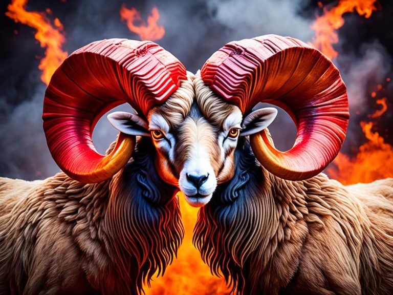 One red horned head with two large furry bodies looking straight at you and fire is in the background.