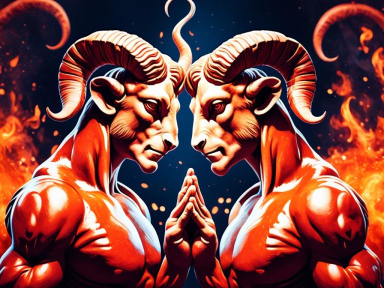 Mirror image of part man part lion with horns. They are surrounded by flames and embers.