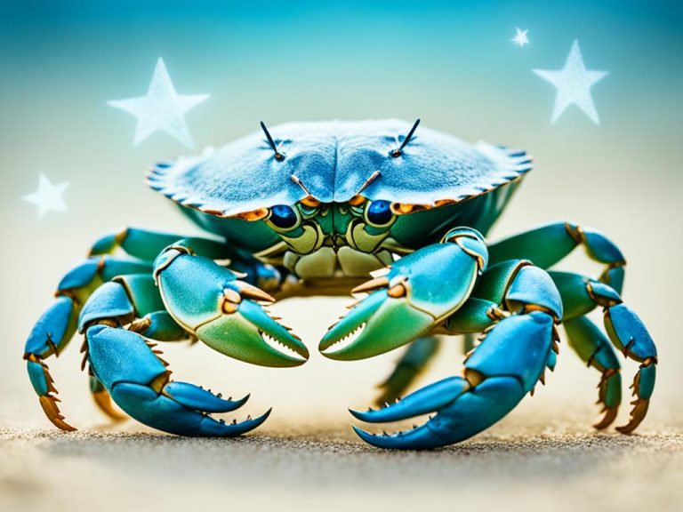 A blue and green crab is standing on a sandy beach with several stars in the background.