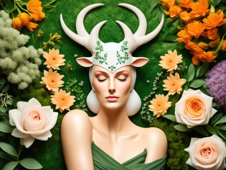 A woman is surrounded by orange, purple and white flowers on a bed of green. She is wearing a horned headdress.