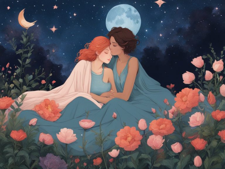 Two women dressed in gray are in a flowery meadow under a star filled night sky.