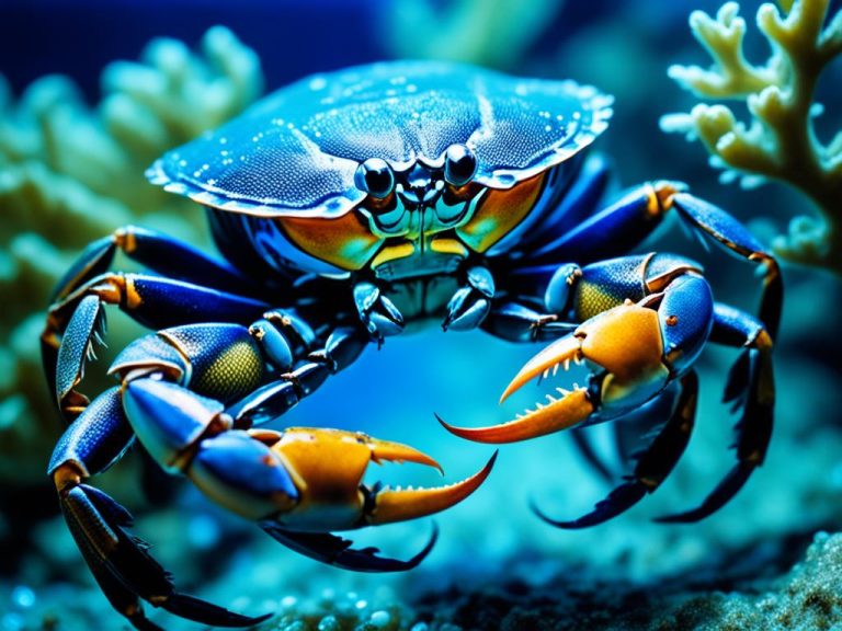 A bright blue crab on the ocean floor with sand and coral in the background.