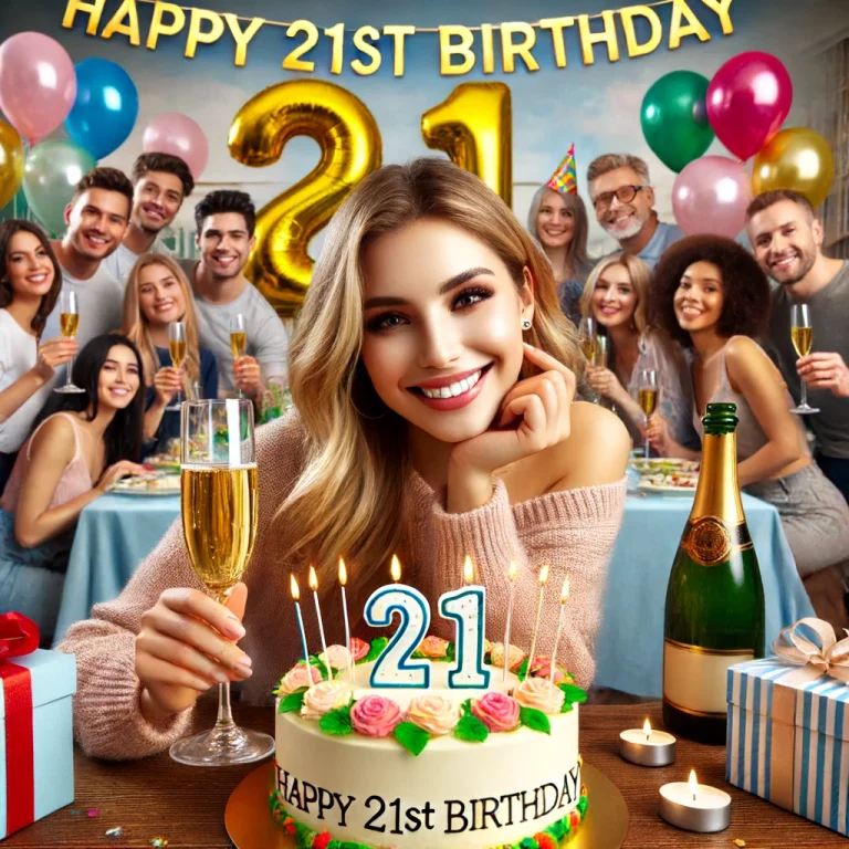 smiling young woman has a birthday cake and a class of champagne