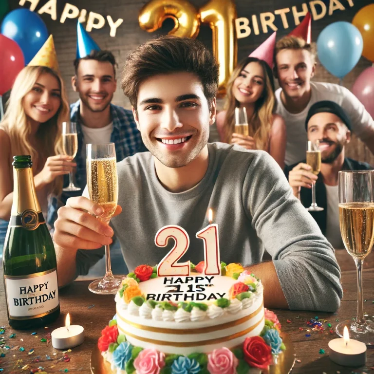 smiling young man celebrating his 21st birthday with a cake and wine