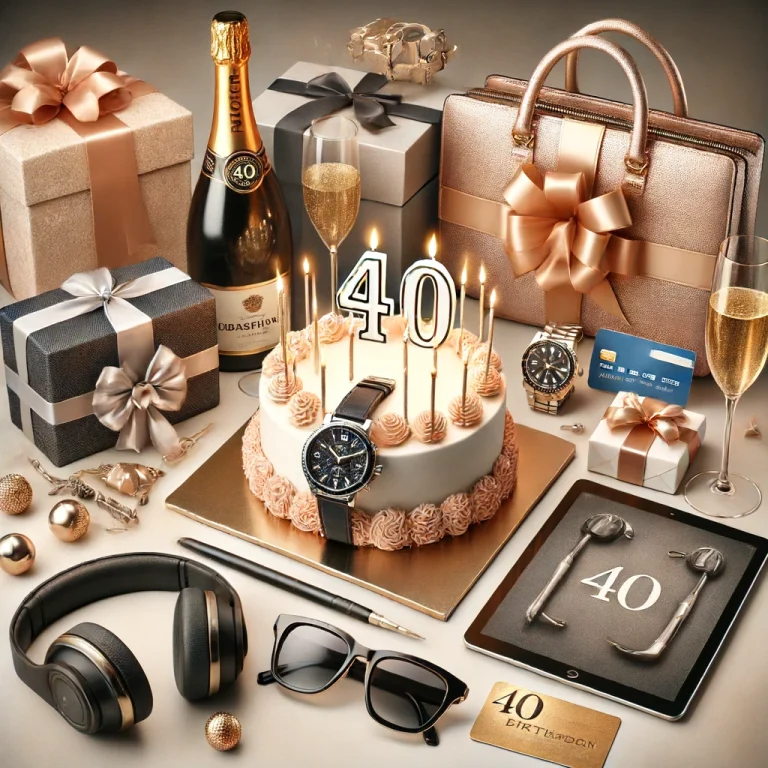 birthday cake, purse, watch, and other gifts