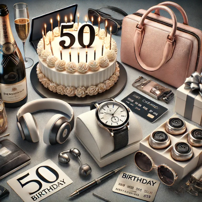 table with cake, purse, watch and other birthday gifts