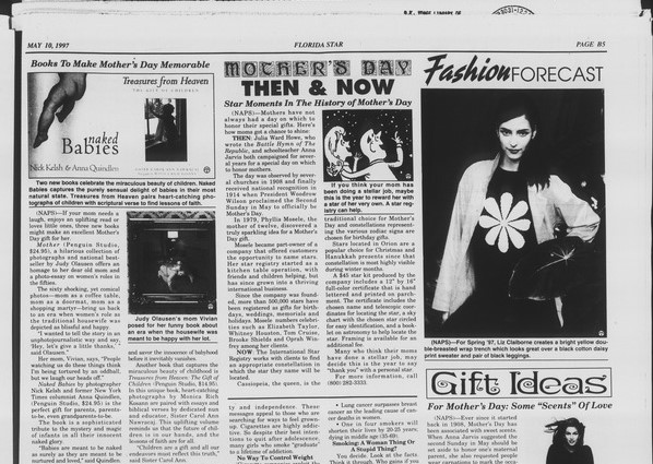 Newspaper article about naming a star as a gift for Mother's Day