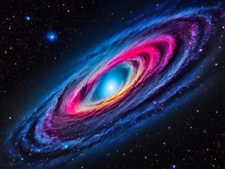Artists representation of a spiral galaxy viewed from the side. The night sky behind it is black with many beautiful stars. The arms of the galaxy are colored pink and blue. The center of the galaxy is white.