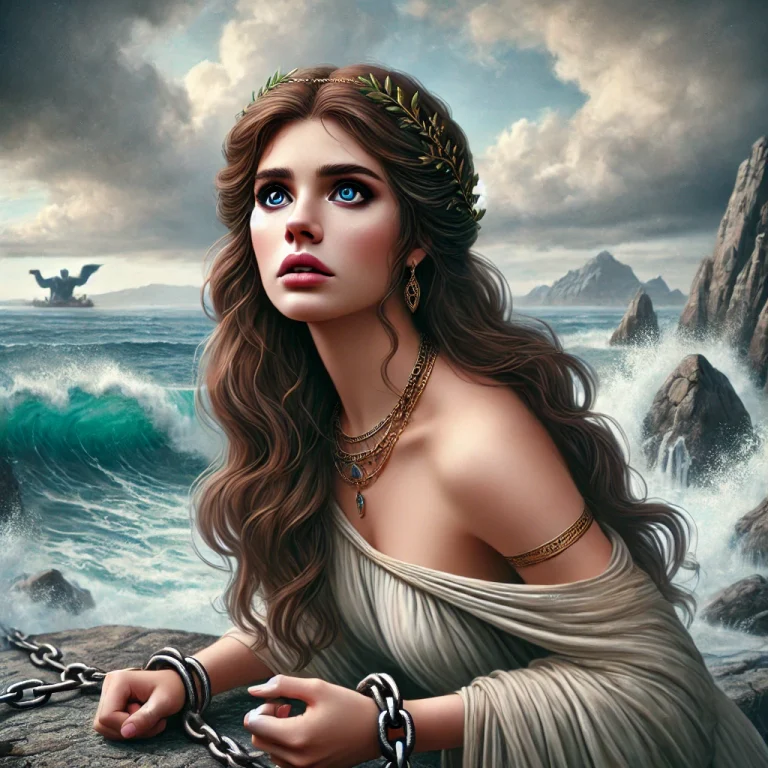 A young woman with blue eyes, brown hair, and a crown of laurels is chained to a rock waiting to be saved from the sea monster in the background. She is surrounded by crashing waves and rocks. The sky is cloudy.