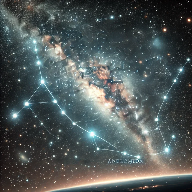 impression of a star field with lines and a band of stars rising far above the Earth. The glow from the Earth is yellow and reddish. The band of stars is also rellow and reddish.