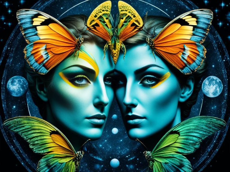 An almost mirror image of a woman with butterfly horns and wings. They are within a circle with stars, moons and planets in the background.