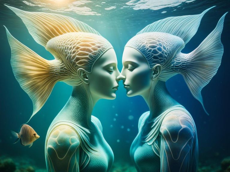 Two women under the water with fish hats lean into eachother for an embrace
