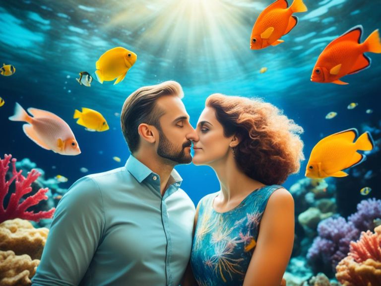 A woman with curly hair and a man with a beard lean in for a kiss in front of a tank filled with tropical fish