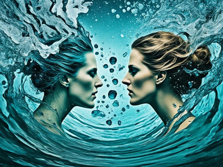 A woman with green hair and a woman with brown hair are swept together by a pair of waves