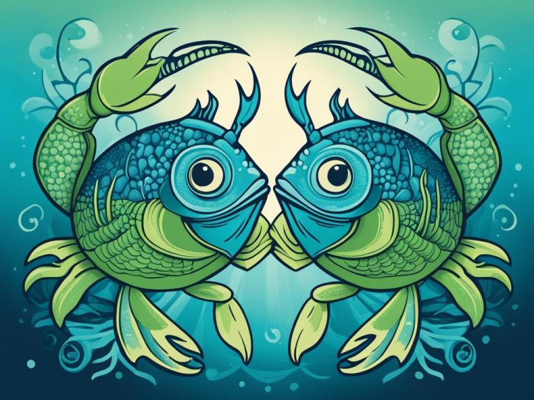 A cute pair of blue and green cartoon fishes with crab claws