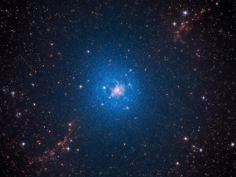 A bright cluster of star shines in the night sky. Around the cluster are groups of reddish stars.