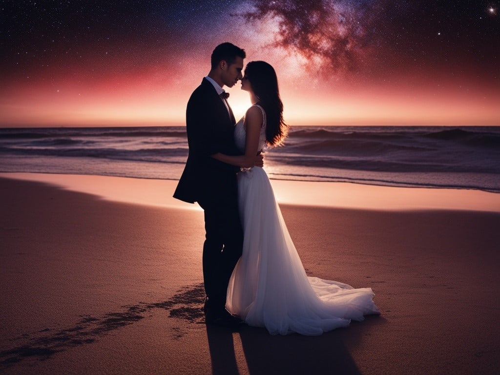 An image of a sultry well dressed man and a sweet woman in love. Show them enjoying a romantic night on the beach. They are happy and in love. Add a starry sky to emphasize the astrological significance of Scorpio and Cancer.