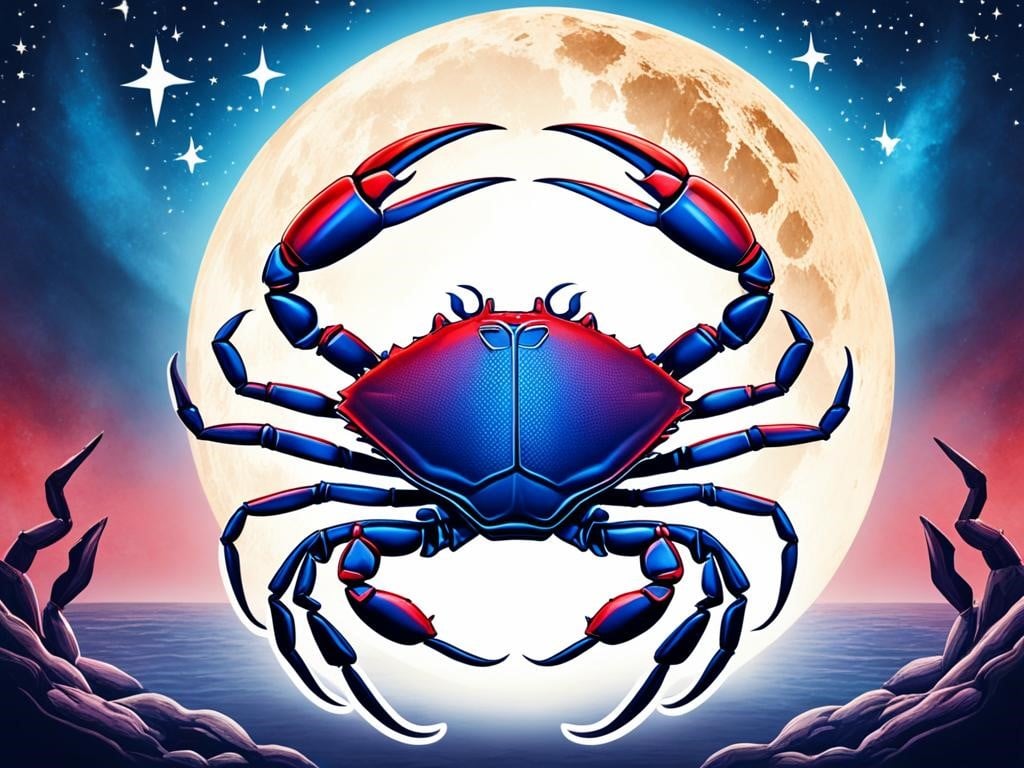 Create an image that captures the deep and emotional bond between Cancer and Scorpio. Show two intertwined symbols, one of a crab and the other of a scorpion, with colors that reflect their passionate nature. Use shades of blue and silver for the crab and deep shades of red for the scorpion to represent their intense connection. Include a backdrop of the moon and stars to symbolize their mystical and enchanting love. Let their bodies blend together in perfect harmony, as if they were meant to be together forever.